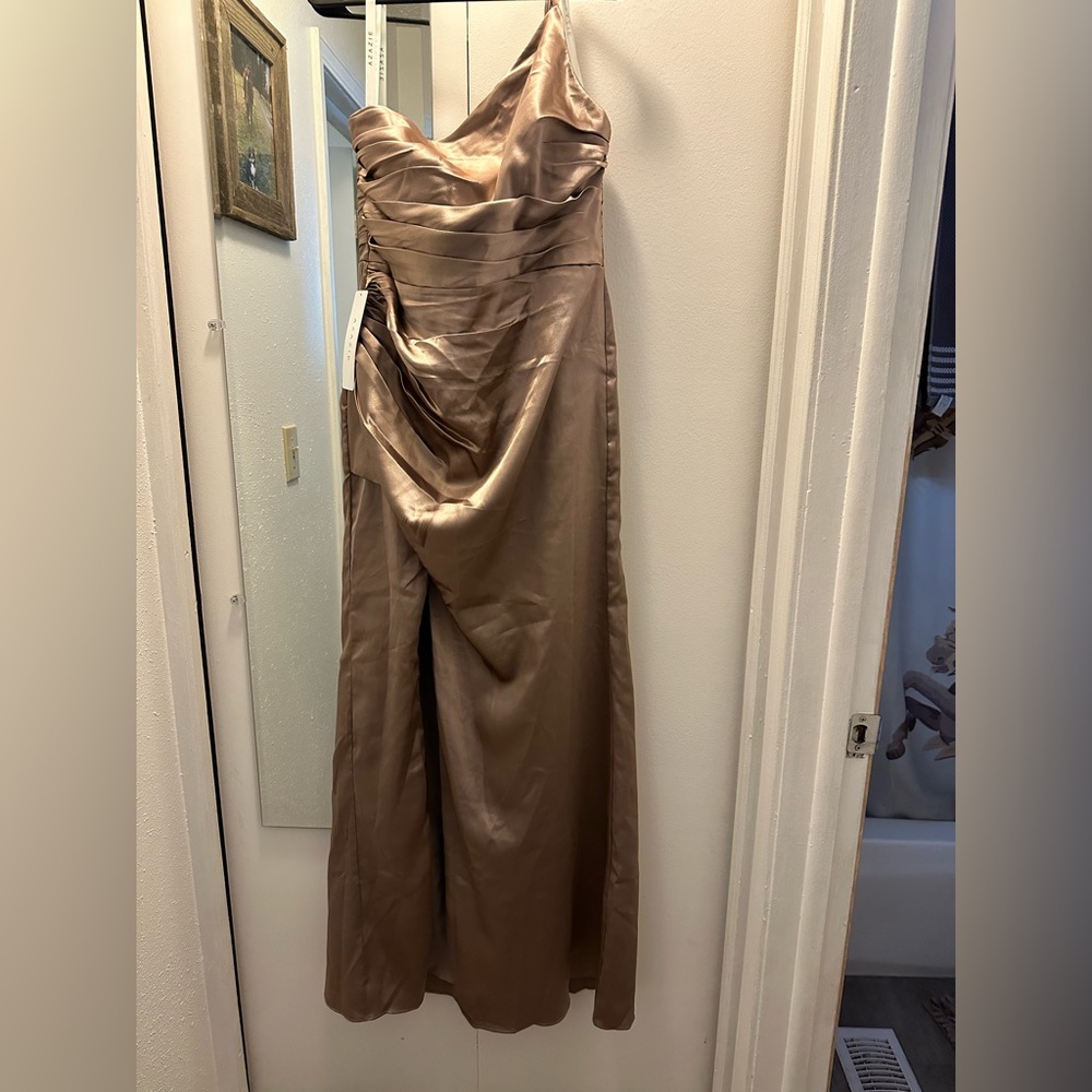 Azazie One Shoulder Dress in Metallic Taupe